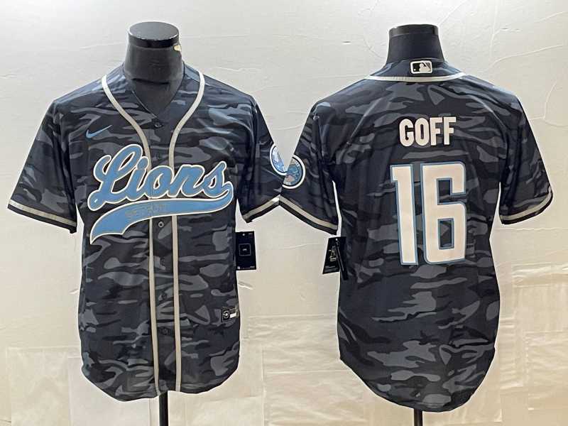 Men's Detroit Lions #16 Jared Goff Grey Camo With Patch Cool Base Baseball Limited Jersey